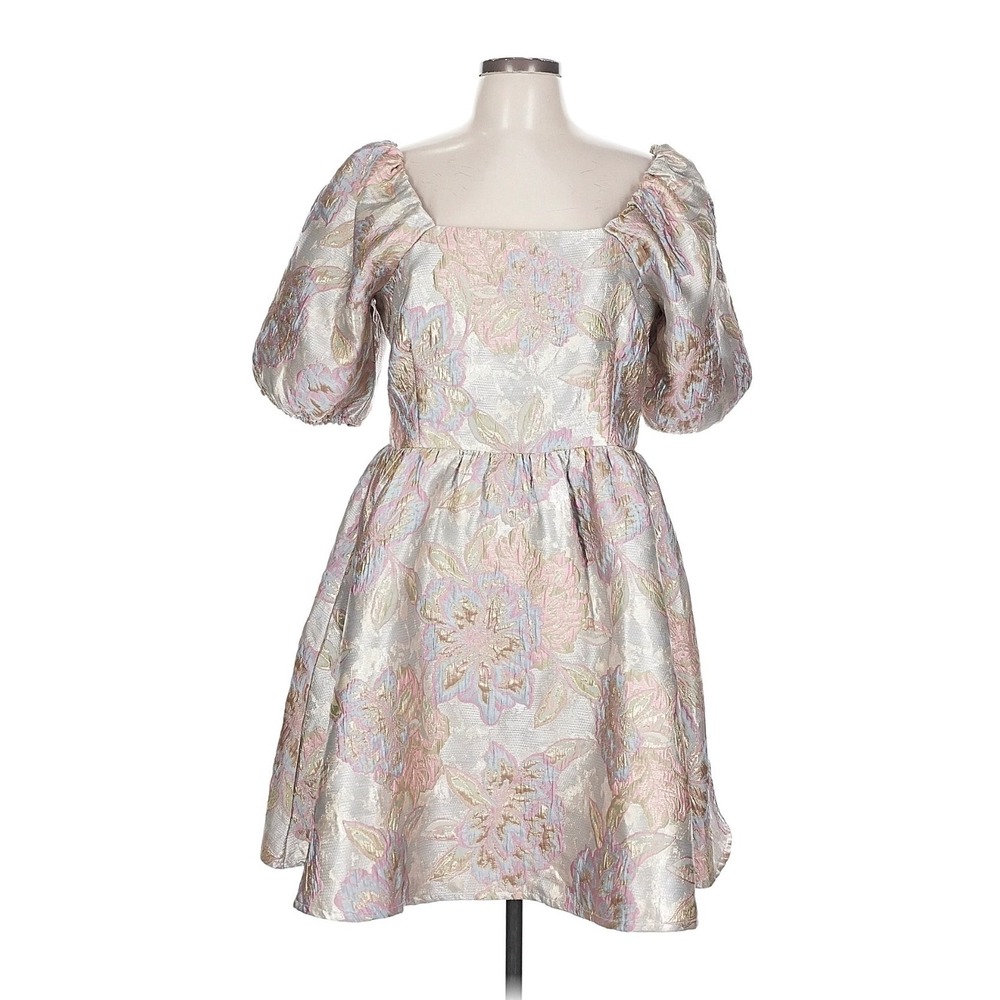 NWT! MILLE Floral Jacquard Puff Sleeve Mini Dress Metallic Pink Silver Gold Sz L